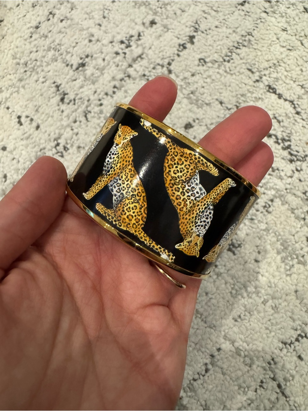 Black and Gold Leopard Print Enamel Cuff Bracelet